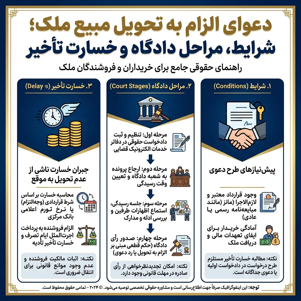 دعوای الزام به تحویل مبیع ملک؛ شرایط، مراحل دادگاه و خسارت تأخیر